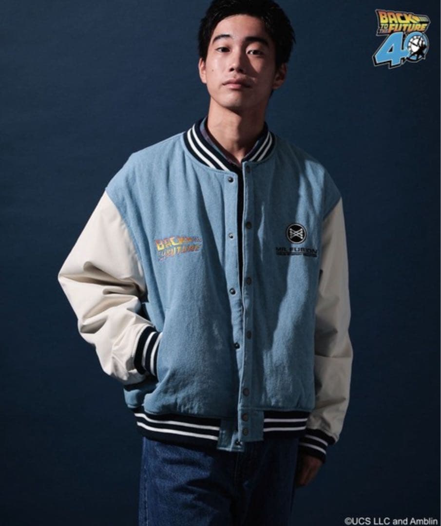 ニコアンド バックトゥザフューチャー BTTF 刺繍スタジャン ライトブルー