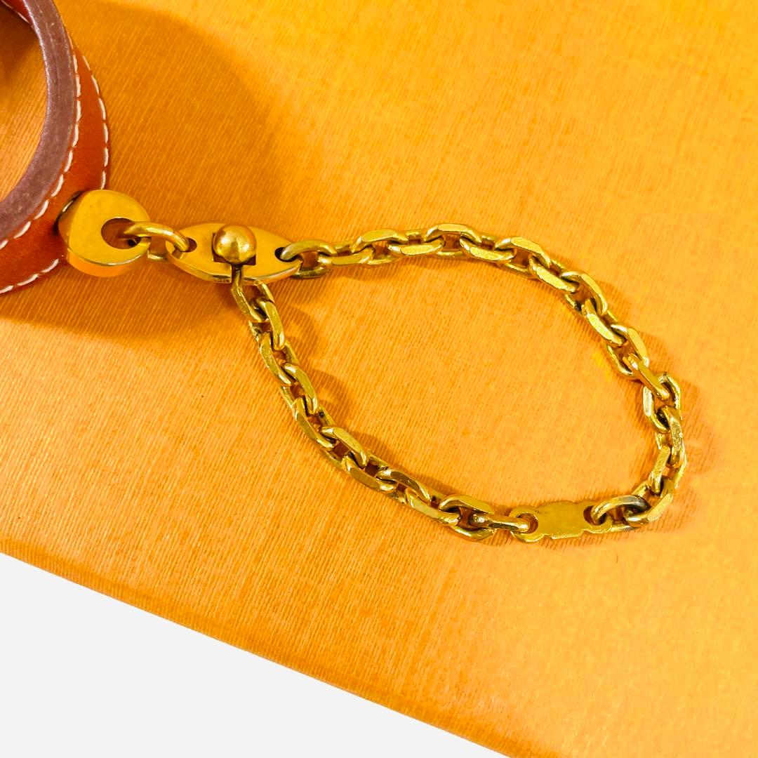 美品　エルメス　スカーフリング　レザー　ブラウン　チェーン　キーホルダー