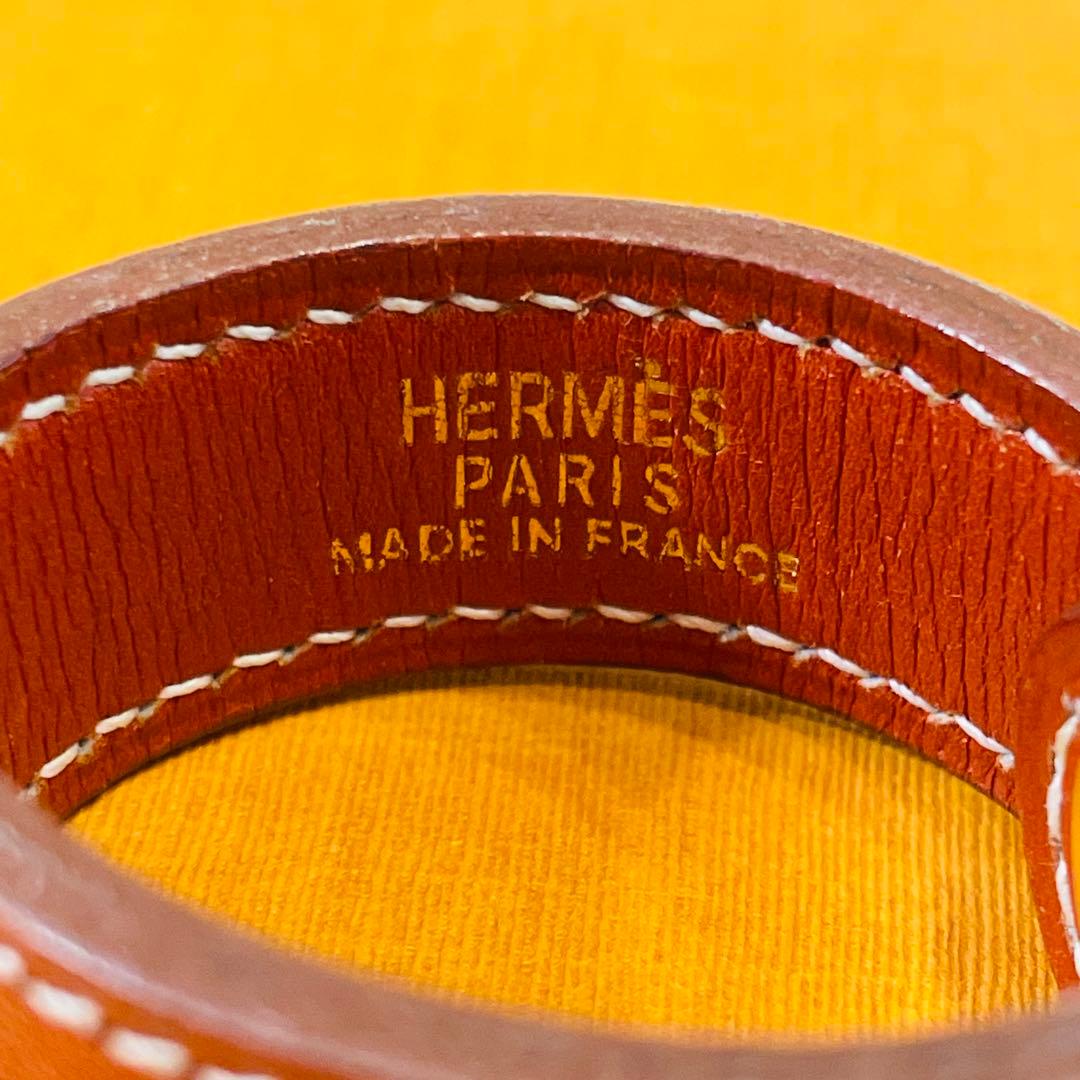 美品　エルメス　スカーフリング　レザー　ブラウン　チェーン　キーホルダー