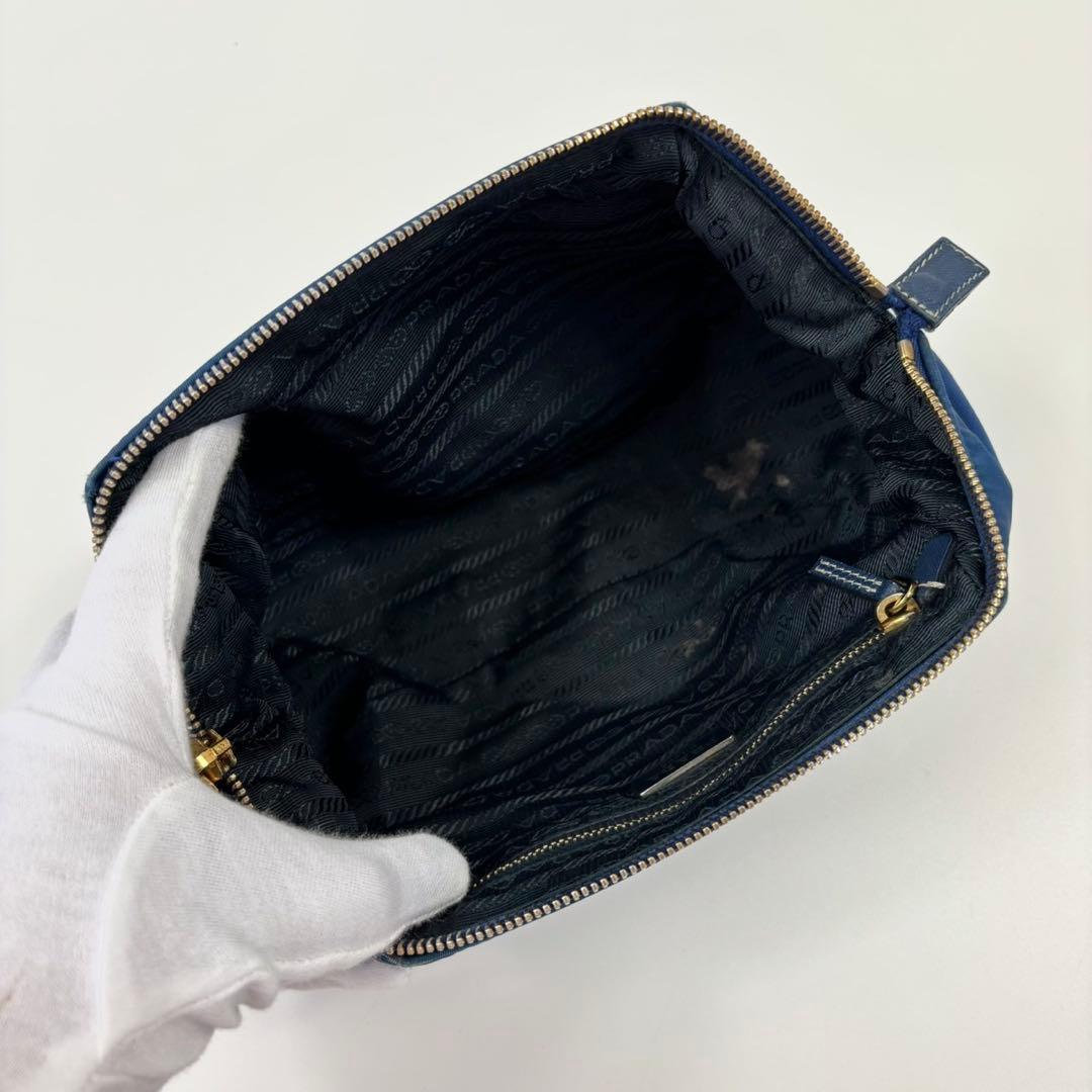 PRADA ナイロン ポーチ 三角ロゴ サフィアーノレザー ブルー 青色
