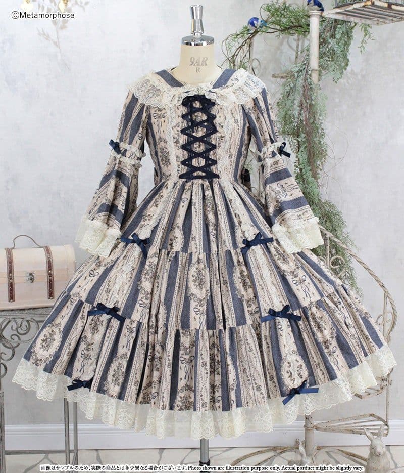 り*ぬ様 【プラスサイズ】アンティークブーケ 姫袖ワンピース クラシックブルー