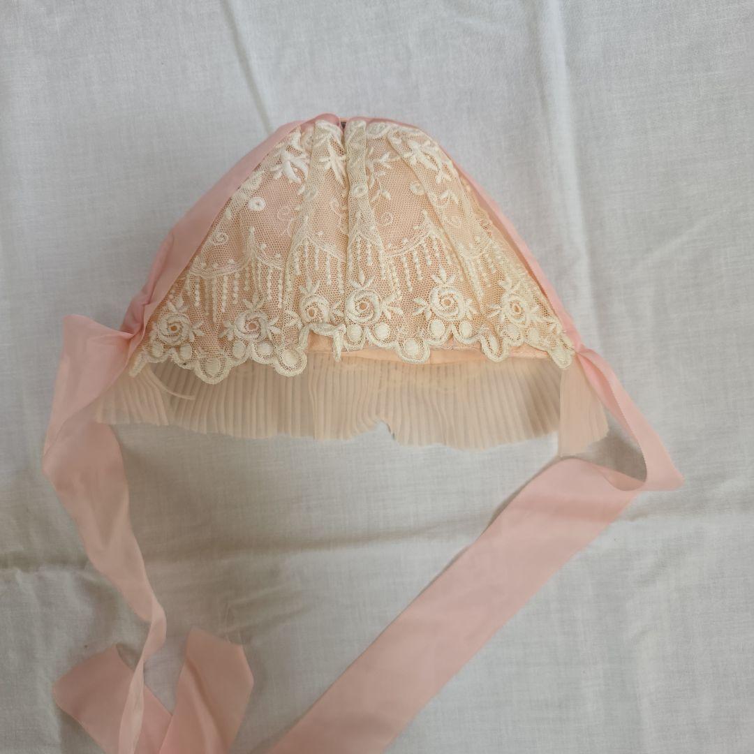 アンティークビスクドール　ドレス　フランスアンティーク　レースドレス　ボネ付き