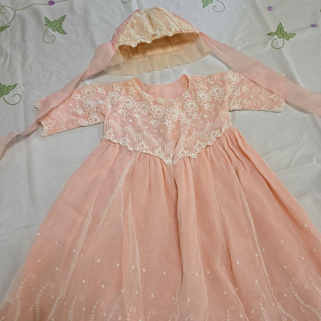 アンティークビスクドール　ドレス　フランスアンティーク　レースドレス　ボネ付き