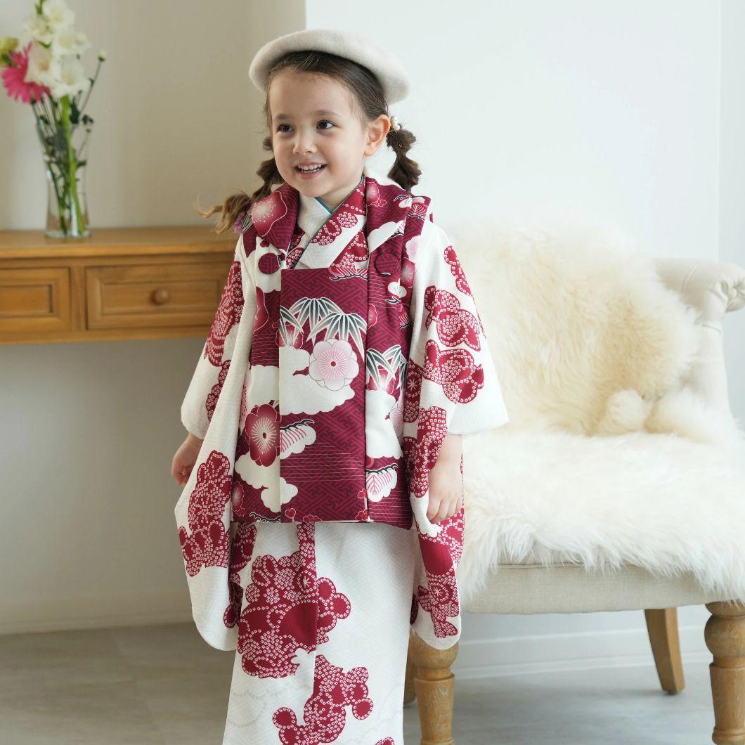 ひよこ商店 七五三 3歳 元禄梅模様×白百合色 絞り柄 レトロ 大正浪漫