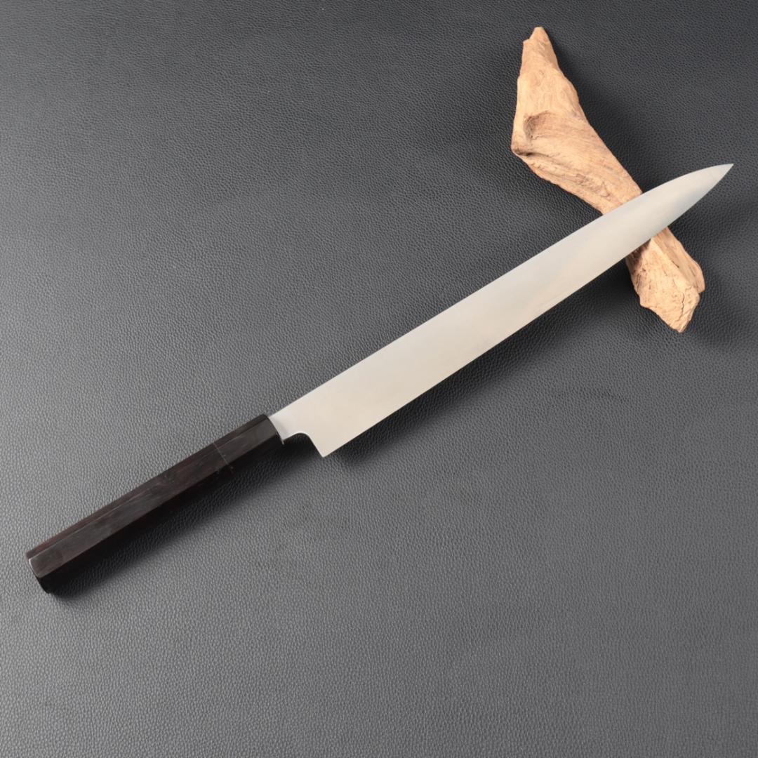 10918左利き用 柳刃包丁 尺 刺身包丁 刃は究極の切れ味 黒檀黒水牛八角柄