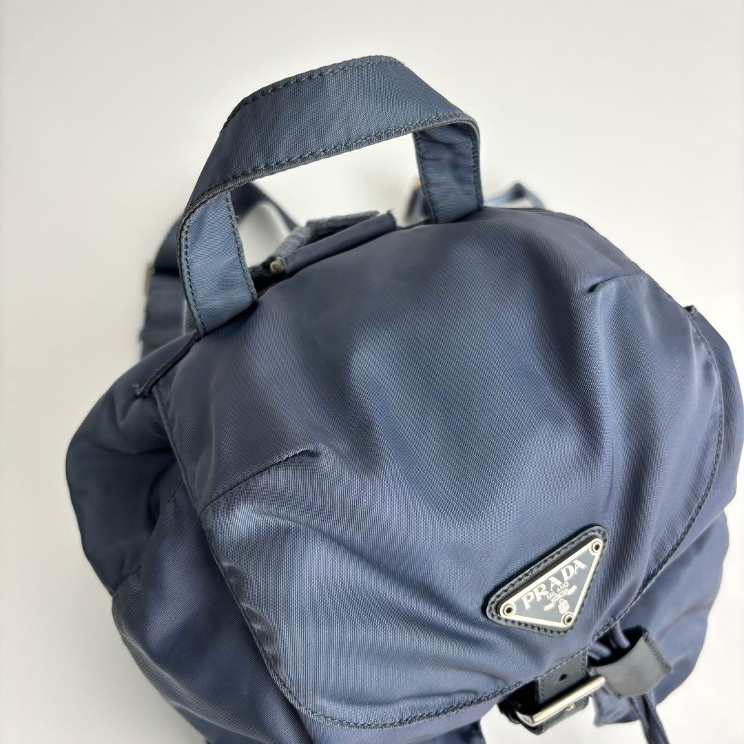 美品 PRADA プラダ リュック 三角ロゴプレート ナイロン レザー ブルー