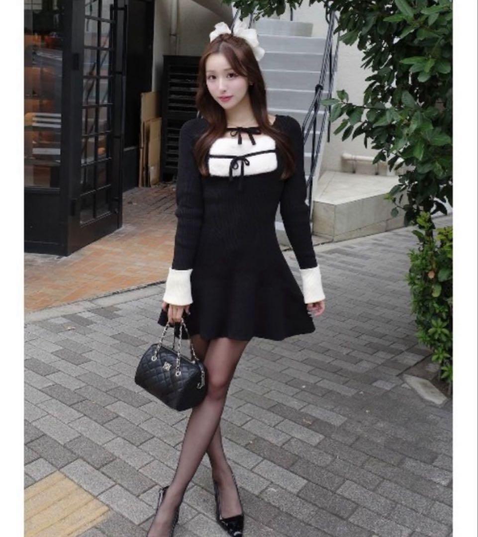 Darich リボンファーフレアニットミニワンピース　FL