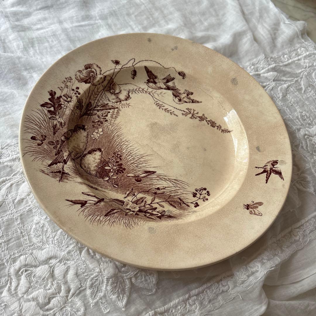 フランス　アンティーク　ボルドー窯　鳥　プレート　大皿