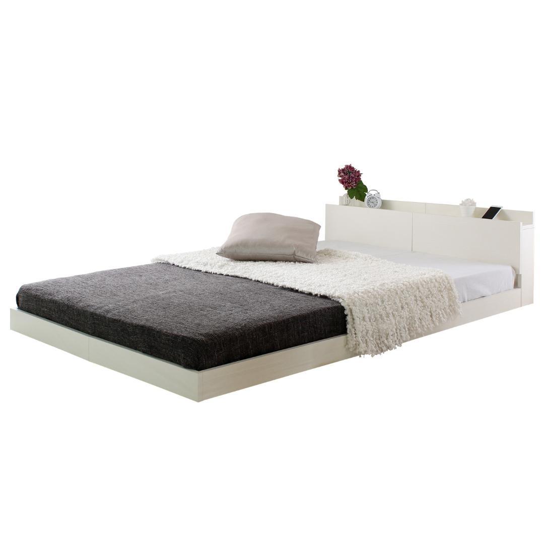 【ブラウン　シングル　ブラックマットレス付き】便利な宮付きベッド　ローベッド