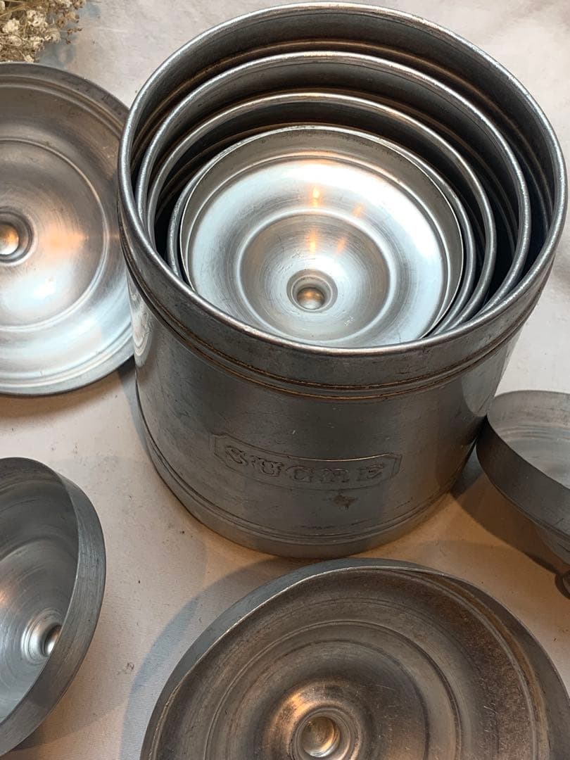 美品 フランス ビンテージ アンティーク アルミキャニスター 6点セットa.