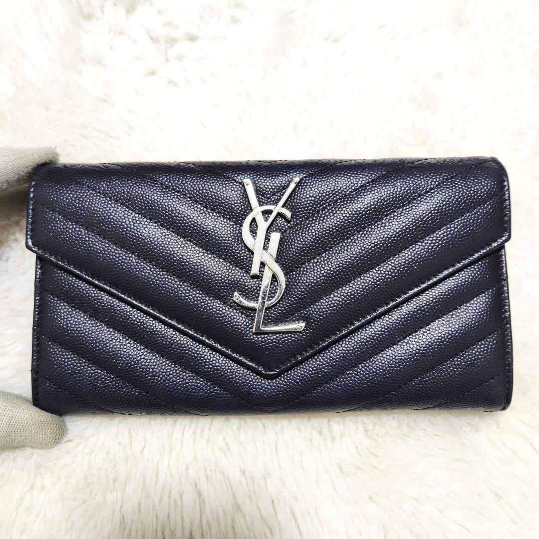 ✨未使用級✨サンローラン　長財布　二つ折り　カサンドラ　キャビアスキン　ネイビー