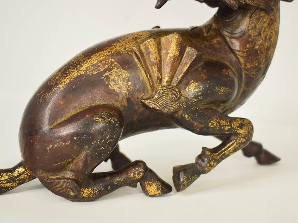 銅】☆ 文房 銅鍍金坐姿獬豸造像 ☆清朝期伝説神獣 細密鋳造雅玩雑項