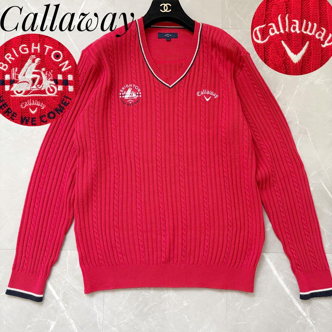 キャロウェイ ケーブルニット ロゴ刺繍 Vネック セーター XL - メンズ