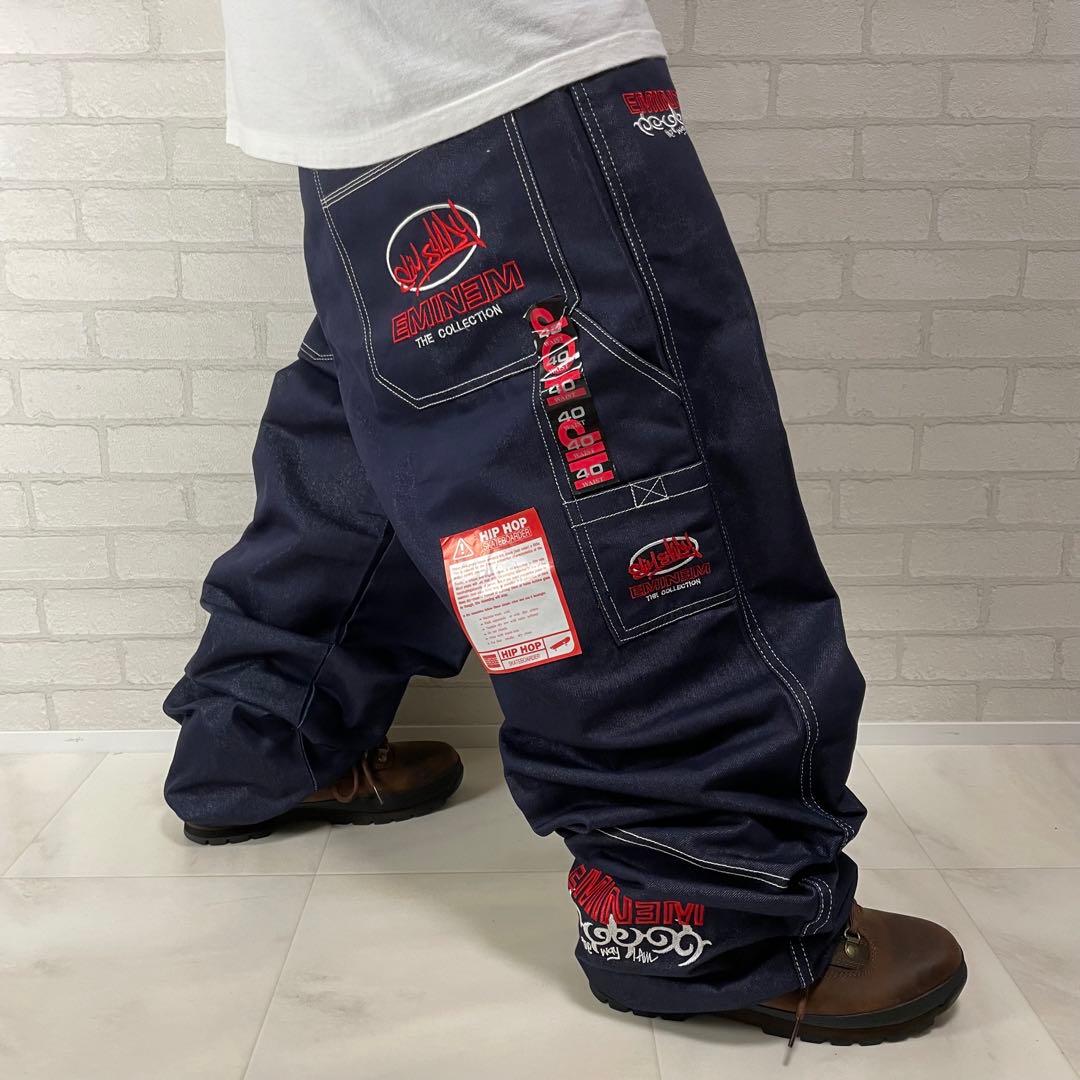 デッドストック！EMINEM エミネム 極太 デニム バギーパンツ 光沢 濃紺