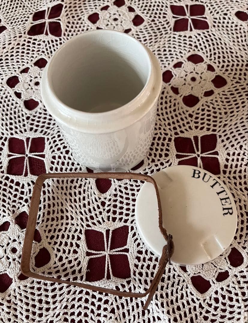 イギリスアンティーク バターピクニックジャー レザーバンド付バタージャー