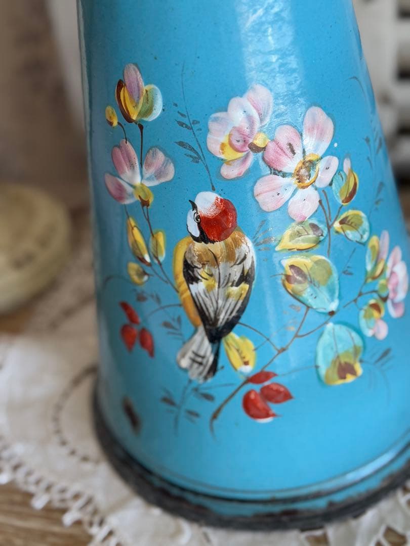 フランスアンティーク小鳥とピンクのお花ターコイズブルーのホーローピ