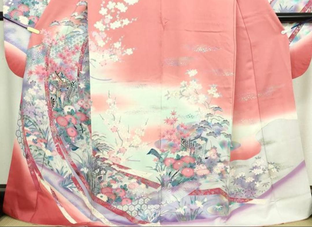 振袖 フルセット6点サイズM〜Ｌ駒刺繍　御所車花文　暈し染め　金彩正絹