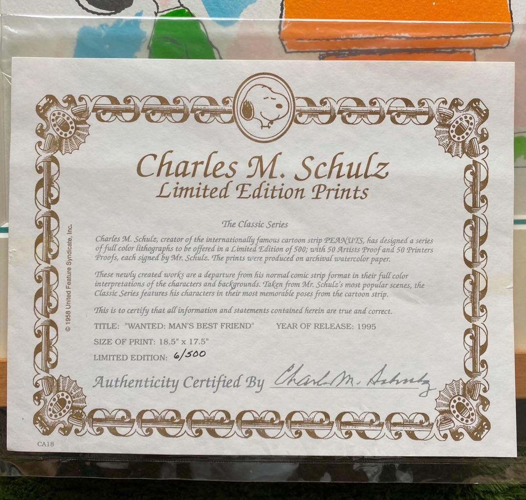 【保証書有】ピーナッツ リトグラフ Schulz氏 直筆サイン スヌーピー