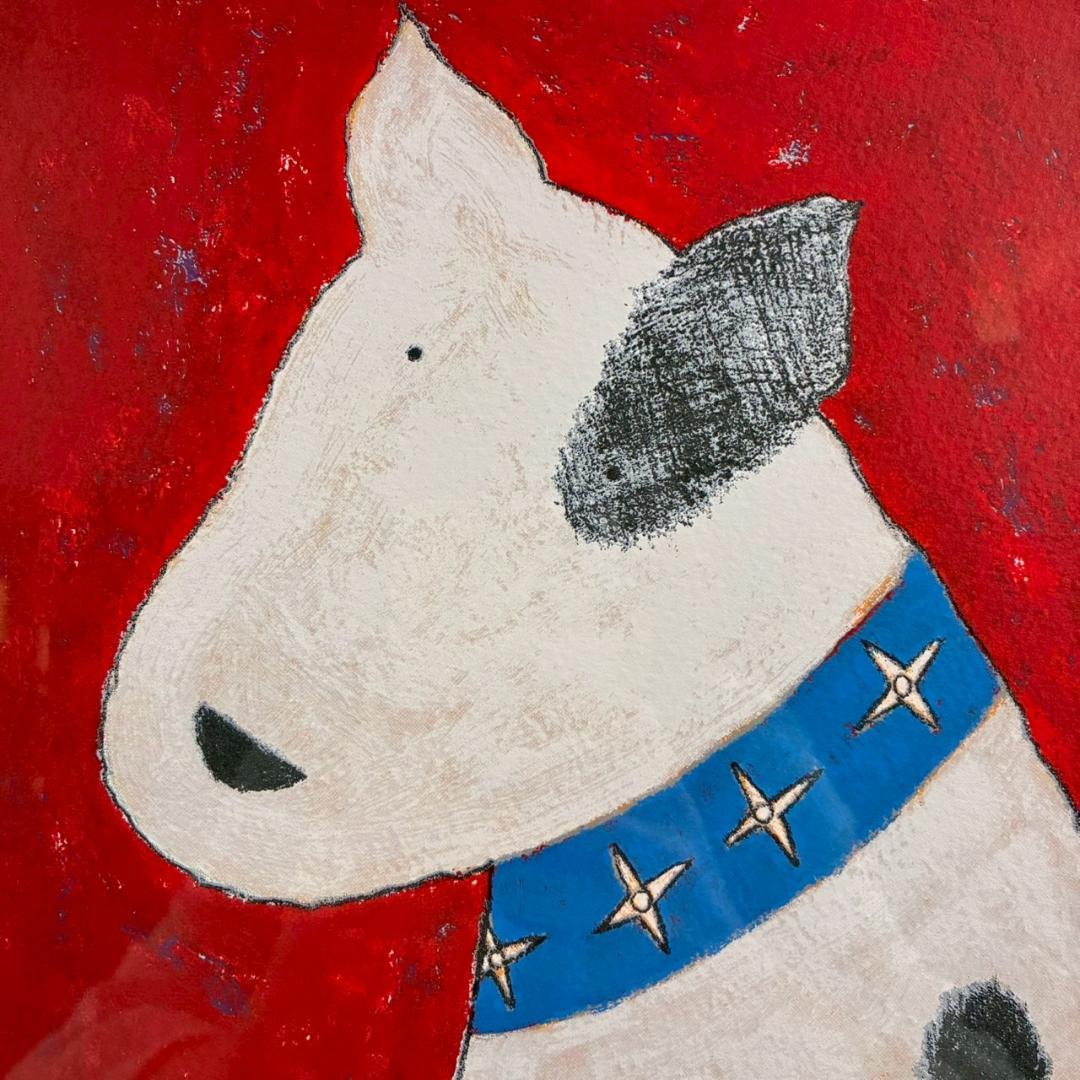 美品 アノラ・スペンス「青の首輪」シルクスクリーン 直筆サイン入り 犬 額縁入