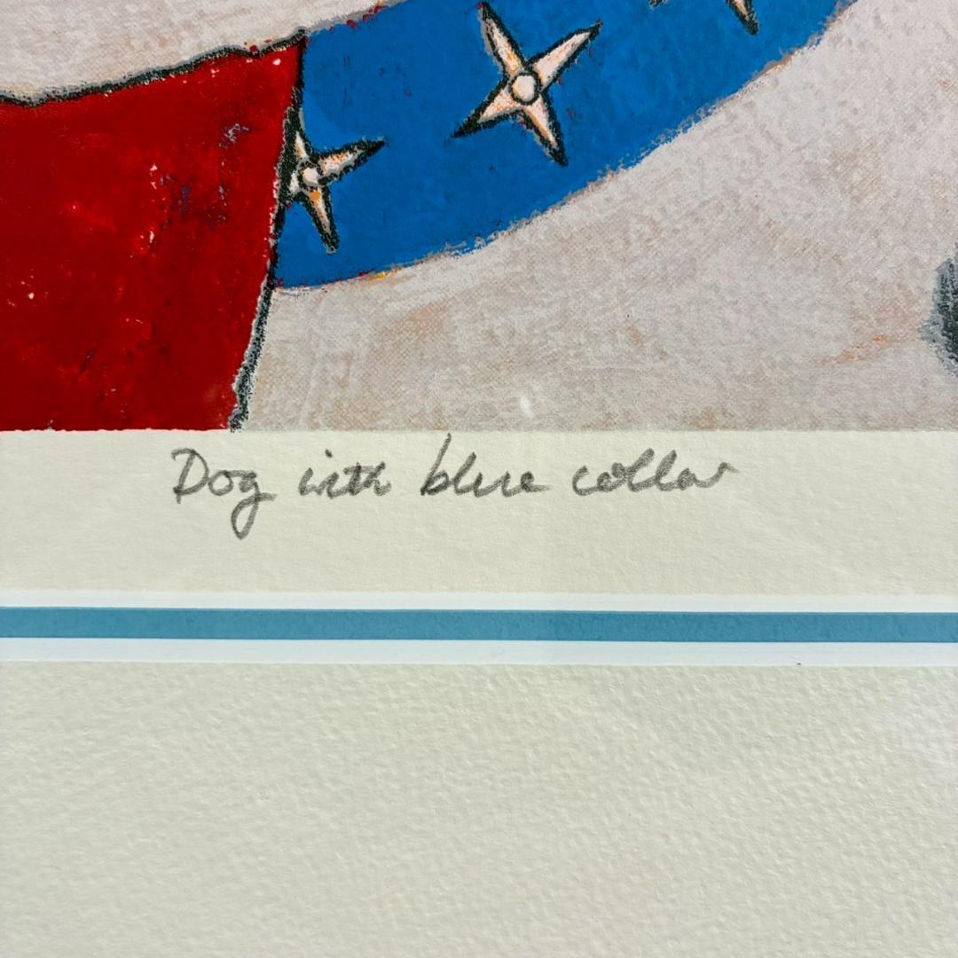 美品 アノラ・スペンス「青の首輪」シルクスクリーン 直筆サイン入り 犬 額縁入