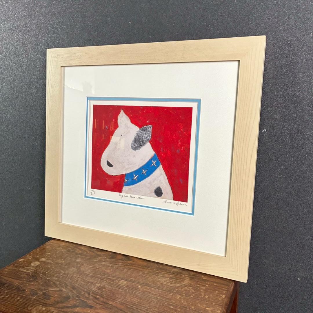 美品 アノラ・スペンス「青の首輪」シルクスクリーン 直筆サイン入り 犬 額縁入