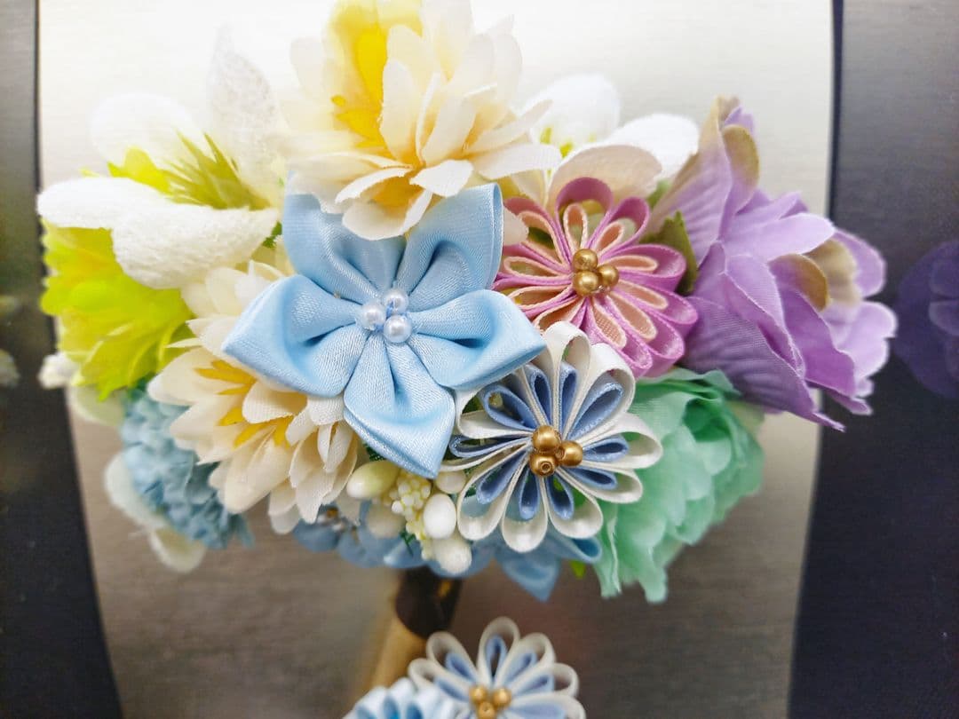 成人式つまみ細工セット コームタイプ ブルー 髪飾り 振袖 着物