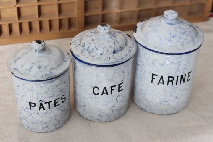 フランスアンティーク ホーローキャニスター3点 マーブル