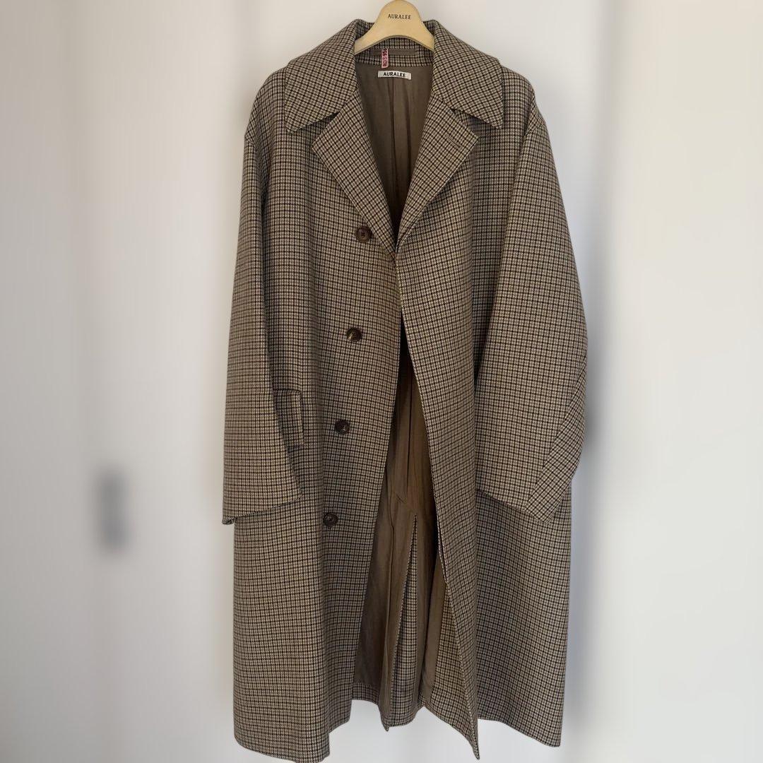 AURALEE ガンクラブチェック、ステンカラーコート　茶ベージュ系