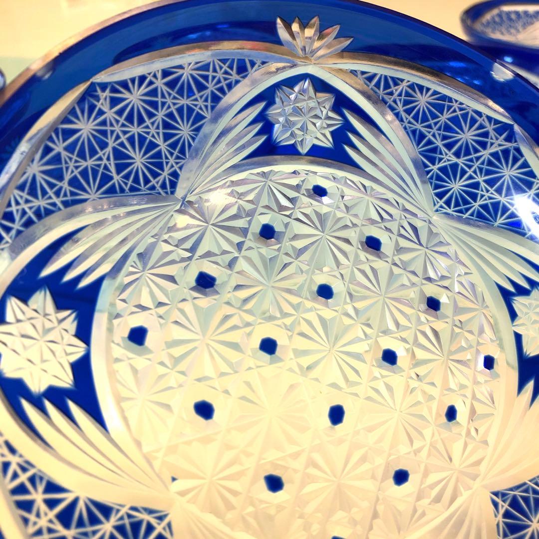 江戸切子　 瑠璃　麻の葉 菊龍目の文様昭和レトロ　8枚セット※説明必読