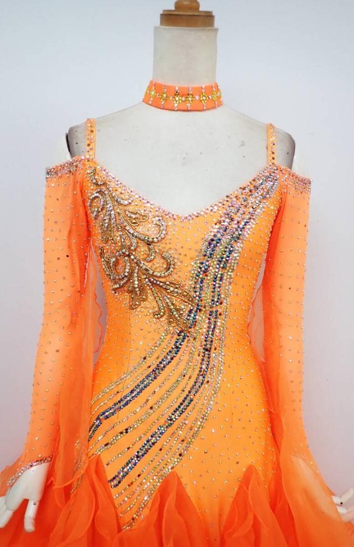 B1184★SMサイズ★日本製☆蛍光オレンジ/スタンダードドレス☆社交ダンス