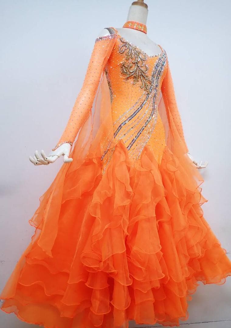 B1184★SMサイズ★日本製☆蛍光オレンジ/スタンダードドレス☆社交ダンス