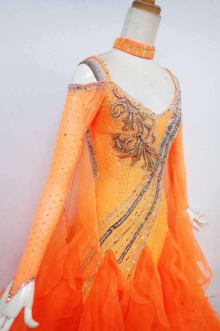 B1184★SMサイズ★日本製☆蛍光オレンジ/スタンダードドレス☆社交ダンス