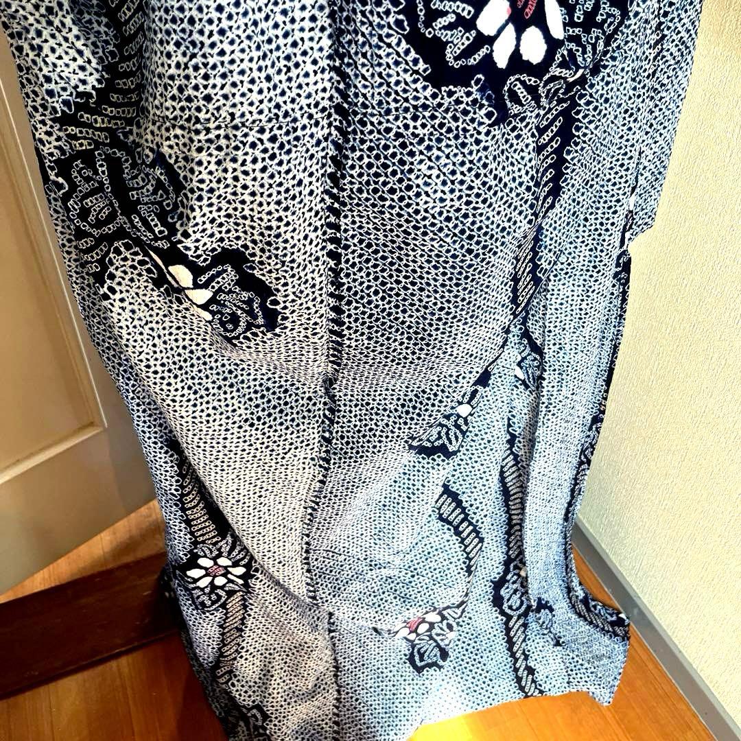 有松鳴海絞り 枝花紋様 よろけ縞 藍色×白×ベージュ Sサイズ 美品