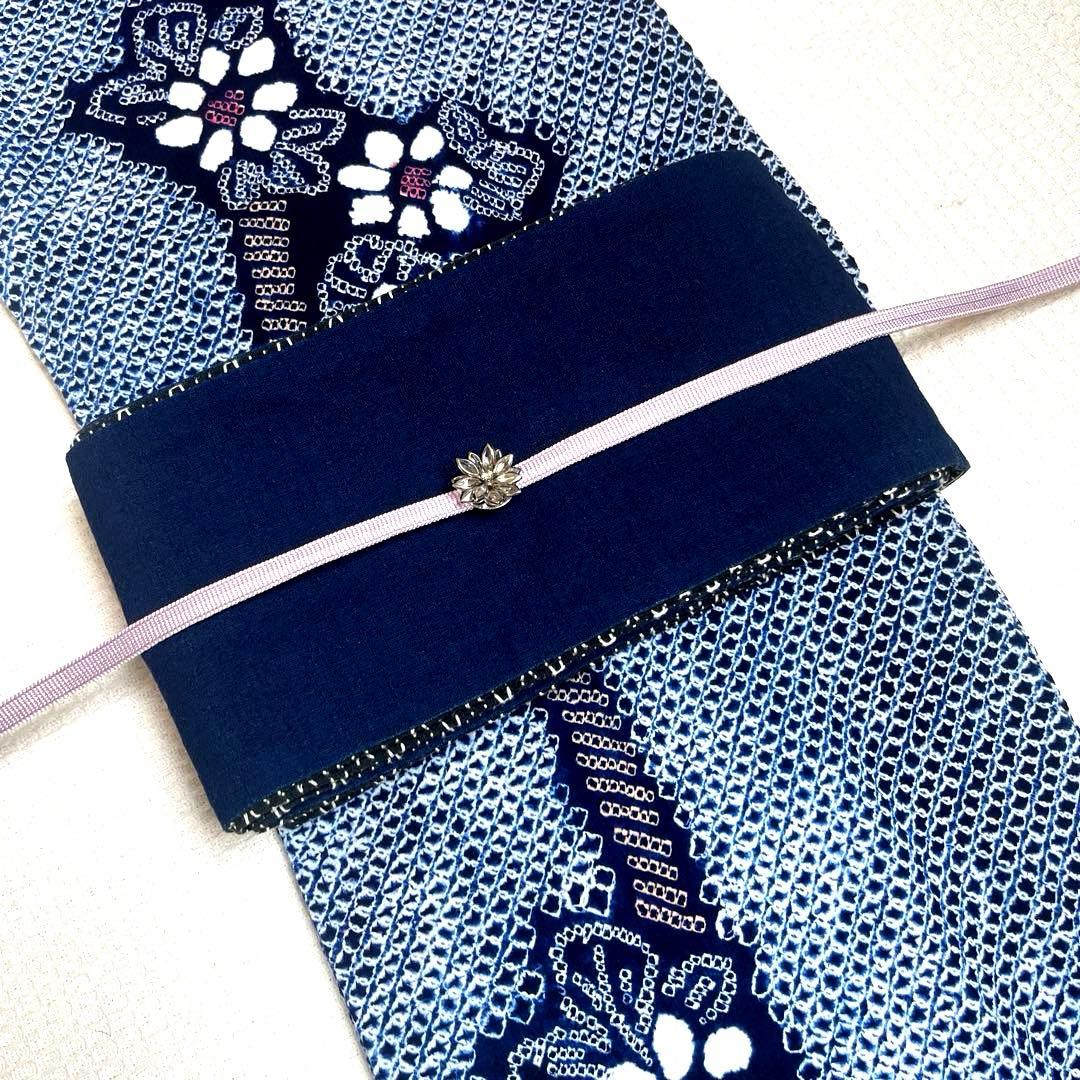 有松鳴海絞り 枝花紋様 よろけ縞 藍色×白×ベージュ Sサイズ 美品