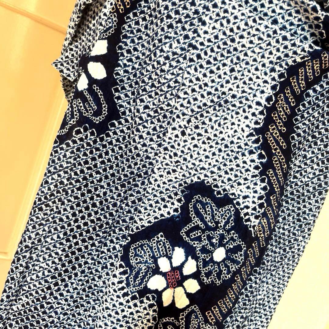 有松鳴海絞り 枝花紋様 よろけ縞 藍色×白×ベージュ Sサイズ 美品