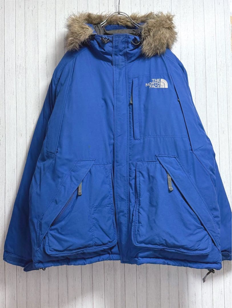 ノースフェイス　ダウンジャケット　ファー付　刺繍ロゴ　ブルー　XL　アウトレット