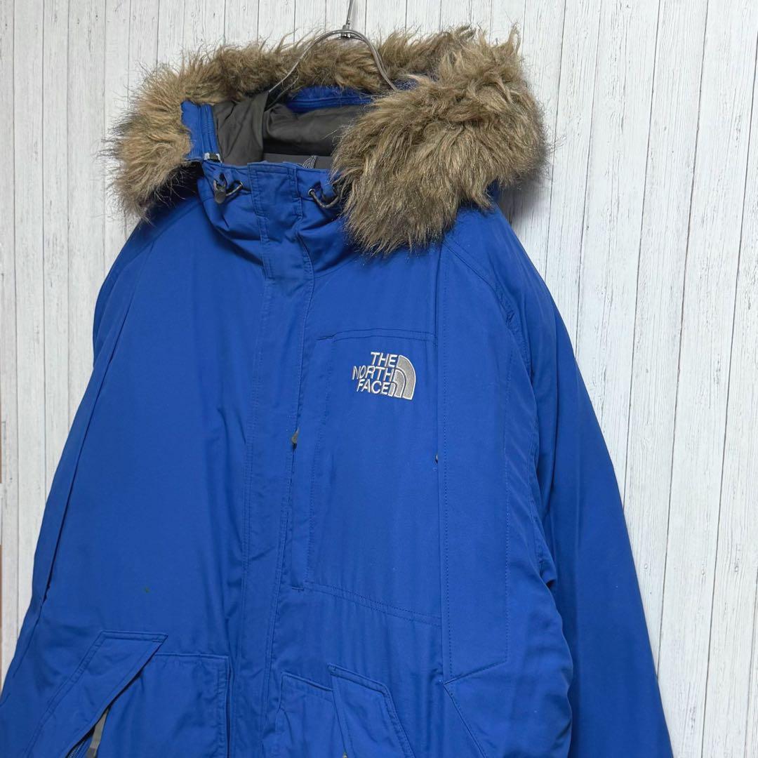 ノースフェイス　ダウンジャケット　ファー付　刺繍ロゴ　ブルー　XL　アウトレット