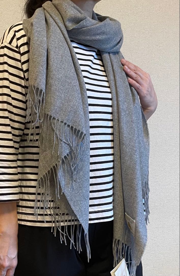 サンプル品在庫処分 カシミア100% フリンジ付きストール ライトグレー