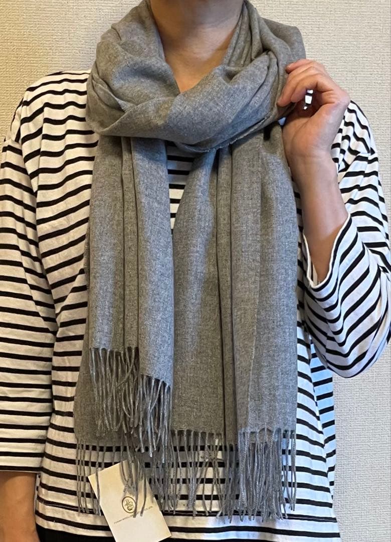 サンプル品在庫処分 カシミア100% フリンジ付きストール ライトグレー