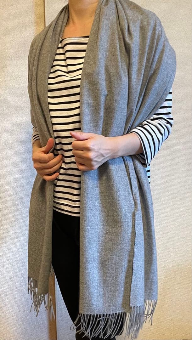 サンプル品在庫処分 カシミア100% フリンジ付きストール ライトグレー