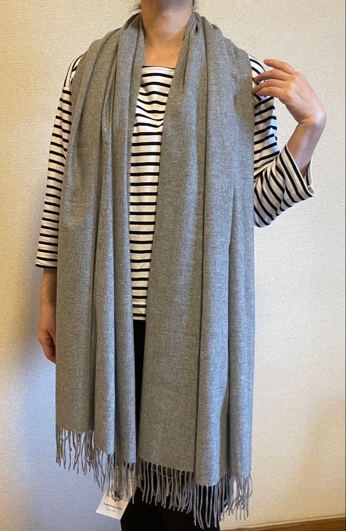 サンプル品在庫処分 カシミア100% フリンジ付きストール ライトグレー