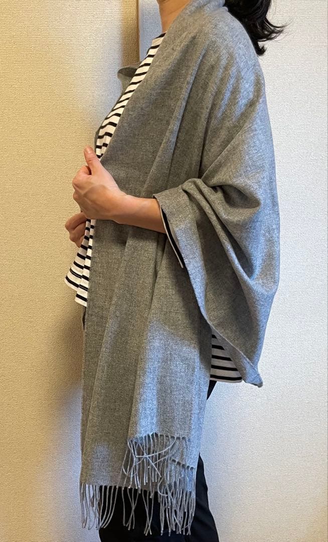 サンプル品在庫処分 カシミア100% フリンジ付きストール ライトグレー
