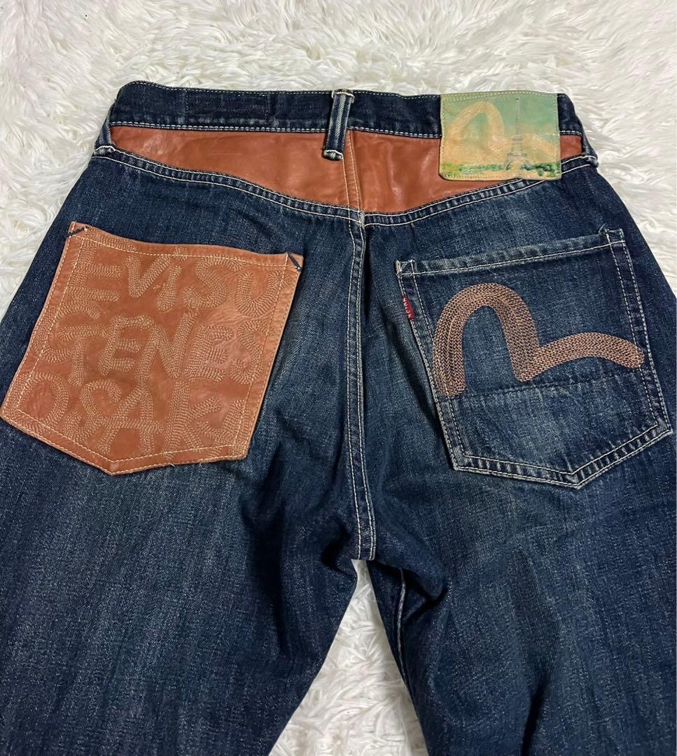 EVISU エヴィス　デニム　ジーンズ　日本製　レザー　インディゴ　FREE
