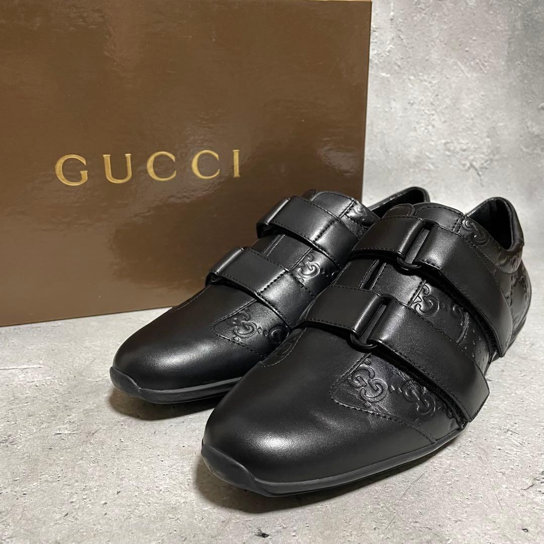 美品　グッチ　GUCCI （36） シマレザー　gg柄　スニーカー　ベルクロ　黒
