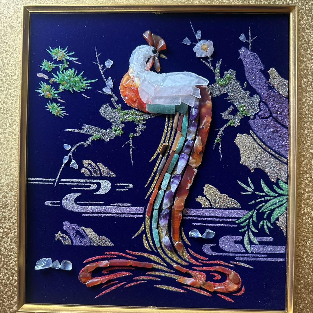 貴石画 天然石絵画 宝石画 鳥 鶏 縁起物 インテリア 風水 ア-ト 美術品