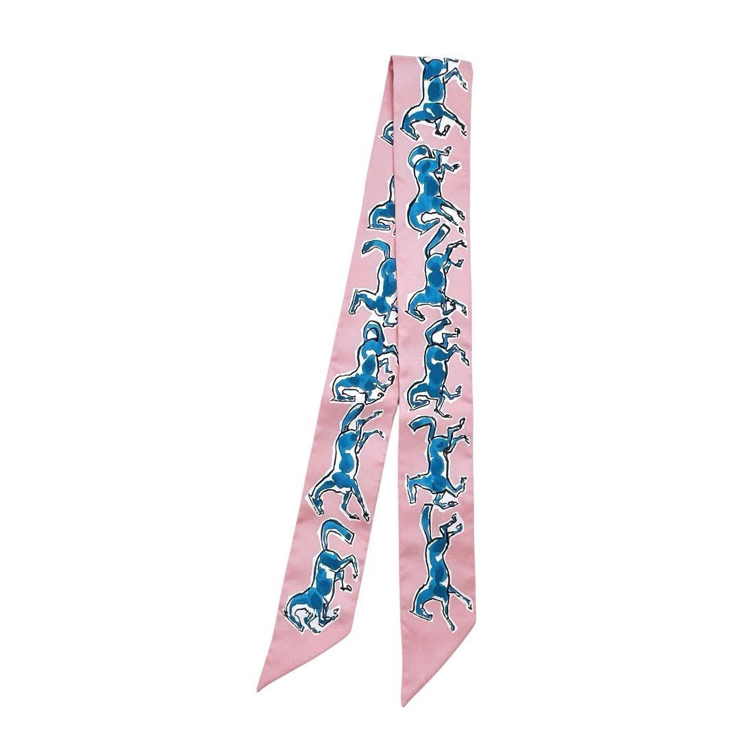 美品 エルメス ツイリー スカーフ シルク 自由の馬 ピンク ブルー レディース