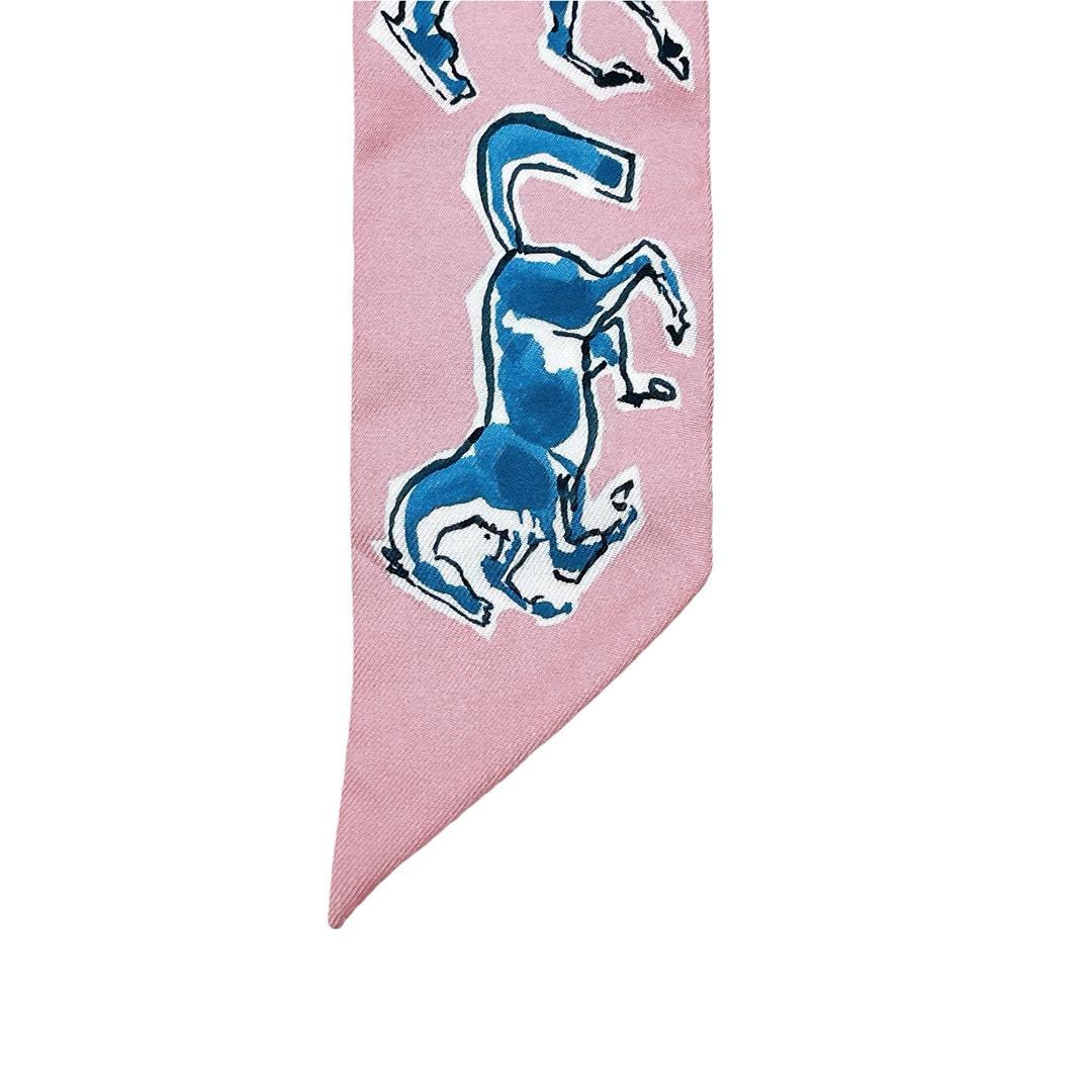 美品 エルメス ツイリー スカーフ シルク 自由の馬 ピンク ブルー レディース