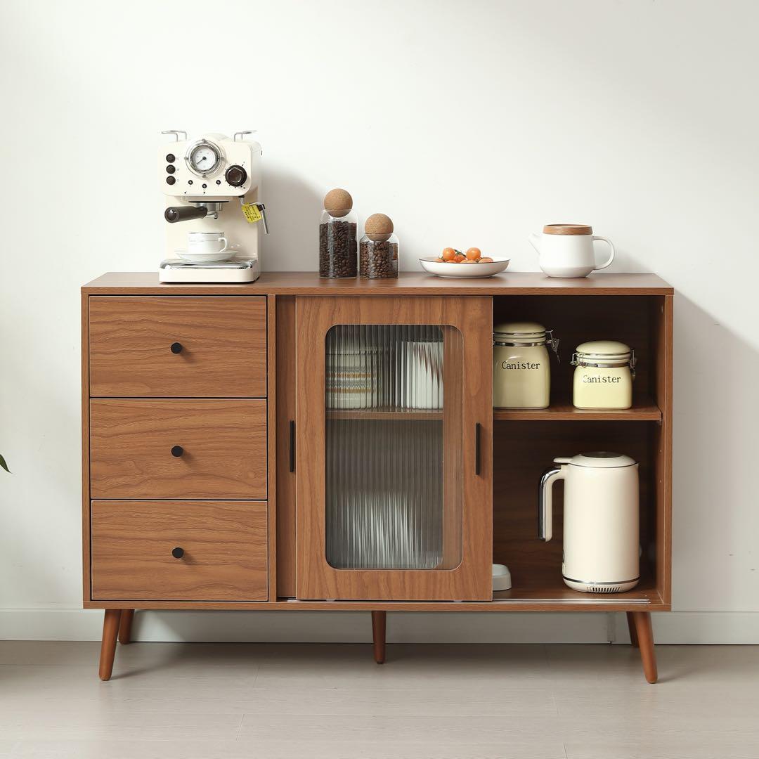 新品】大容量サイドボード 引き戸付き おしゃれ 北欧木目 収納チェスト