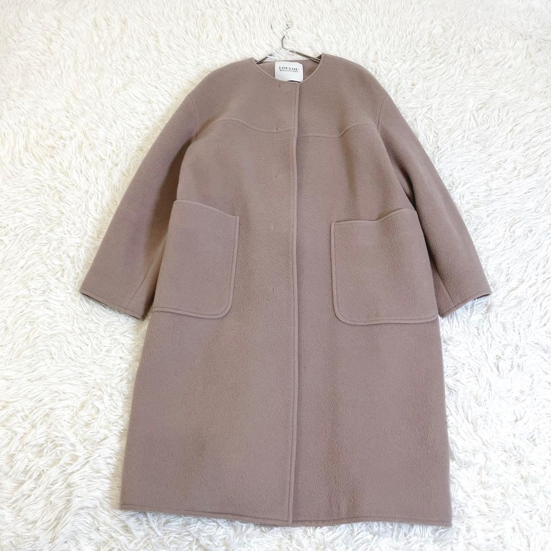 ルルウィルビー ノーカラー ロングコート ウール 比翼 ピンクベージュ サイズ2