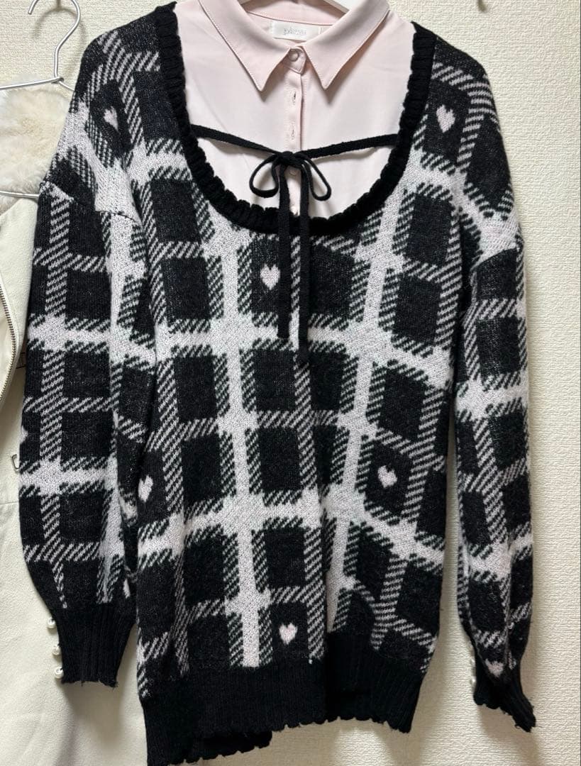 Pium ハートチェックレイヤードニットワンピース ブラックピンク